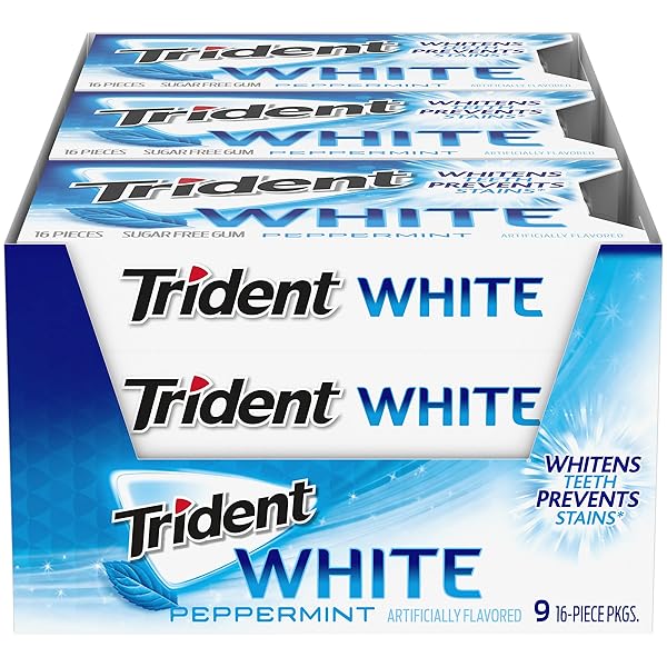 TRIDENT WHITE PEPPERMINT SUGAR-FREE CHEWING GUM, 9 PACKS OF 16 PIECES (144 TOTAL PIECES)
