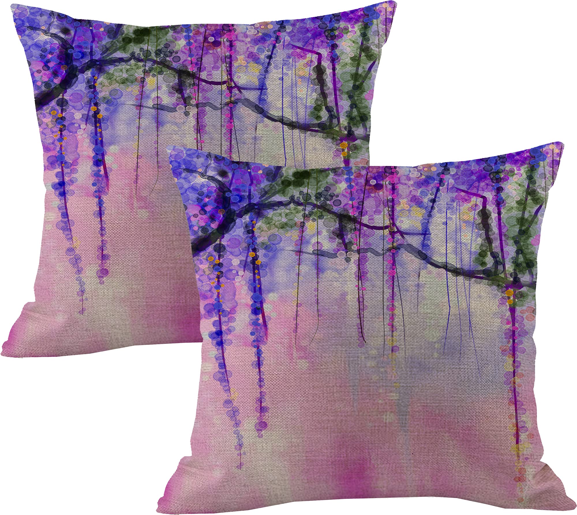 JiangLANY Pink Purple Blue Abstract Watercolor Floral Pattern Cushion Covers 18x18 inch Colorful Trees Lavender Printed Linen Decorative Square Pillow Case Cover for Living Room, Garden Sofa,2 Pack