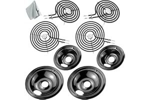 WB31M20 WB31M19 Porcelain Drip Pans and WB30M1 WB30M2 Electric Stove Burners Replacement for G*E Hot*Point Stove Top, Include 4 Pack Black Drip Pan Bowls and 4 Pack Surface Element Coil by Fetechmate