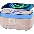 Bluetooth Speaker with Wireless Charging Dual Alarm Clock,3 Levels Brightness Bedside Lamp Digital Clock 12/24Hr,6 in 1 Wireless Charger Station Snooze Touch Night Light for Bedroom,Reading,Office