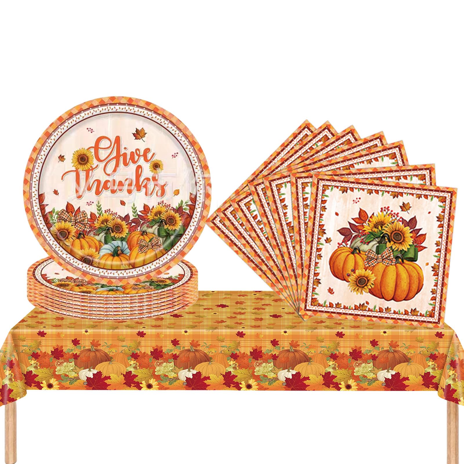 Autumn Thanksgiving Plastic Table Cloth, Paper Plates and Napkins Tableware Set, 37pcs Fall Table Decorations Pumpkin Maple Leaf Dinnerware Sets for Thanksgiving Harvest Festival