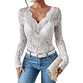 WDIRARA Women's Floral Embroidery Mesh Lace Top V Neck Sheer Long Sleeve Blouse