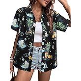 Womens Halloween Hawaiian Shirt Cute Pumpkin Ghosts Print Button Down Shirts Short Sleeve Loose Fit Castle Blouses Tops