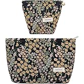 getgto 2 Pcs Makeup Bags, Large Cosmetic Bag Travel Toiletry Bag Organizer for Women, Embroidery Craft, Floral Makeup Bag Small Cosmetic Pouch Purse with Zipper Gifts for Girls Teen