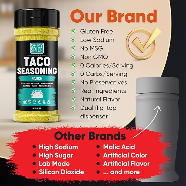 TACO SEASONING MIX RANCH SEASONING POWDER – GLUTEN FREE & LOW SODIUM MEXICAN SEASONINGS BLEND FOR TACO TUESDAY NIGHT. RANCH DRESSING POWDER FOR FAJITA & BURRITO. STREET TACOS SPICES TOPPINGS. 4OZ