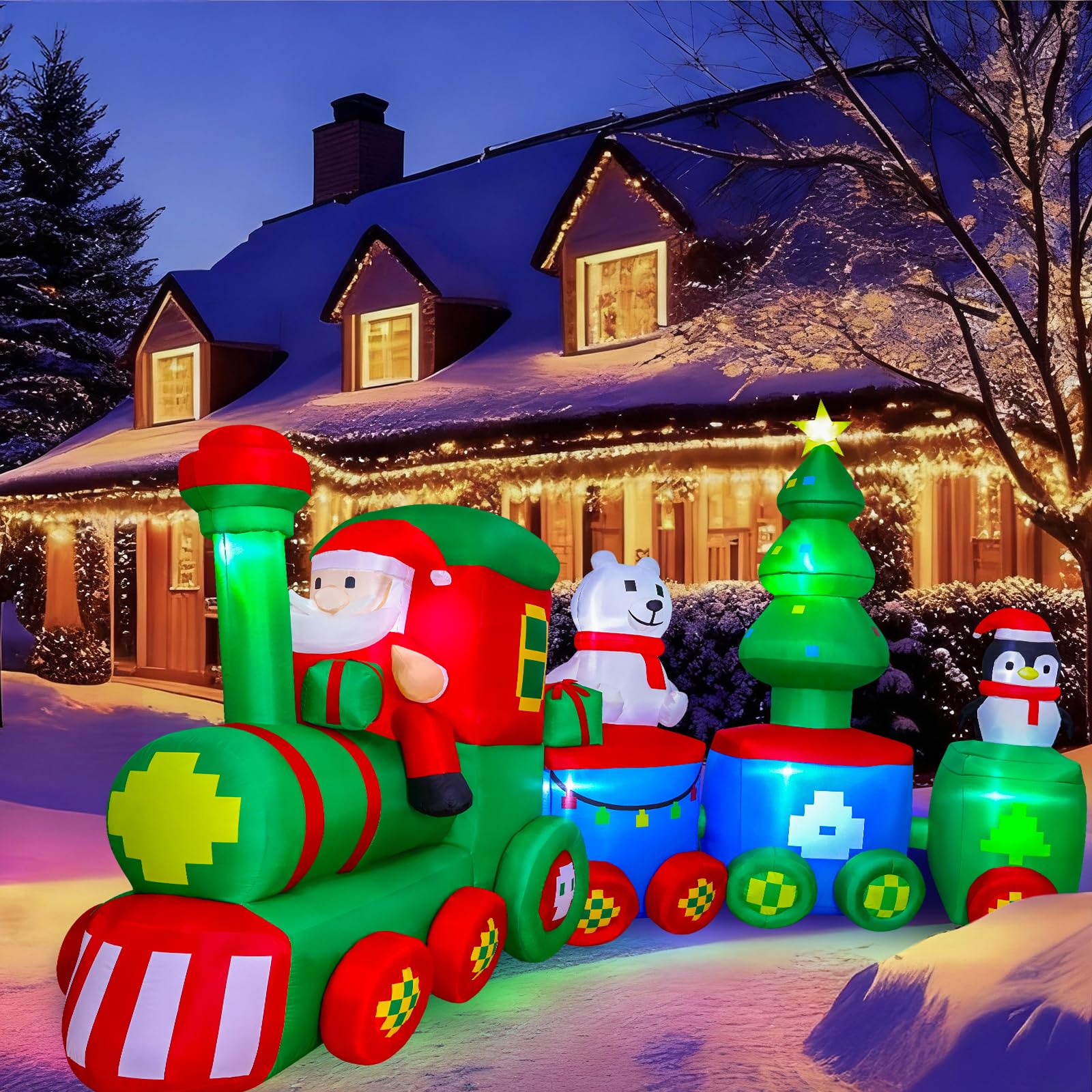Photo 1 of MGparty 14FT Christmas Inflatables Train with Santa Claus Bear Penguin Christmas Tress Built-in LED Lights Blow Up for Party Holiday Decor Indoor Outdoor Garden Lawn Yard Decorations
