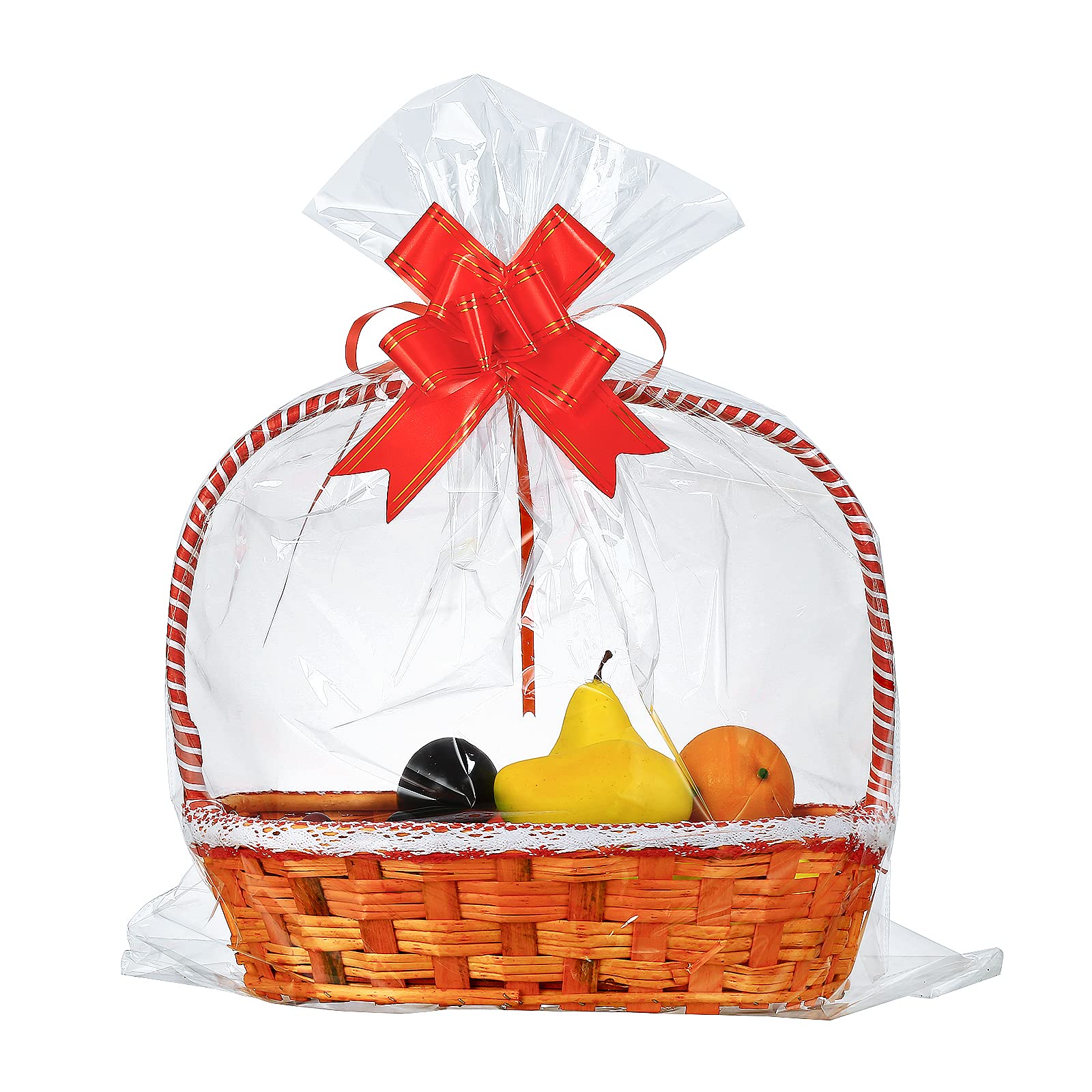 Photo 1 of 100-pack Large Cellophane Wrap 24" x 30" Clear Cellophane Basket Gift Bags Extra-large 2.3 Mil Transparent Cello Bags for Fruit Basket, Gift Wrap, Treats, Arts and Crafts, 100ct Ribbon Bows Red