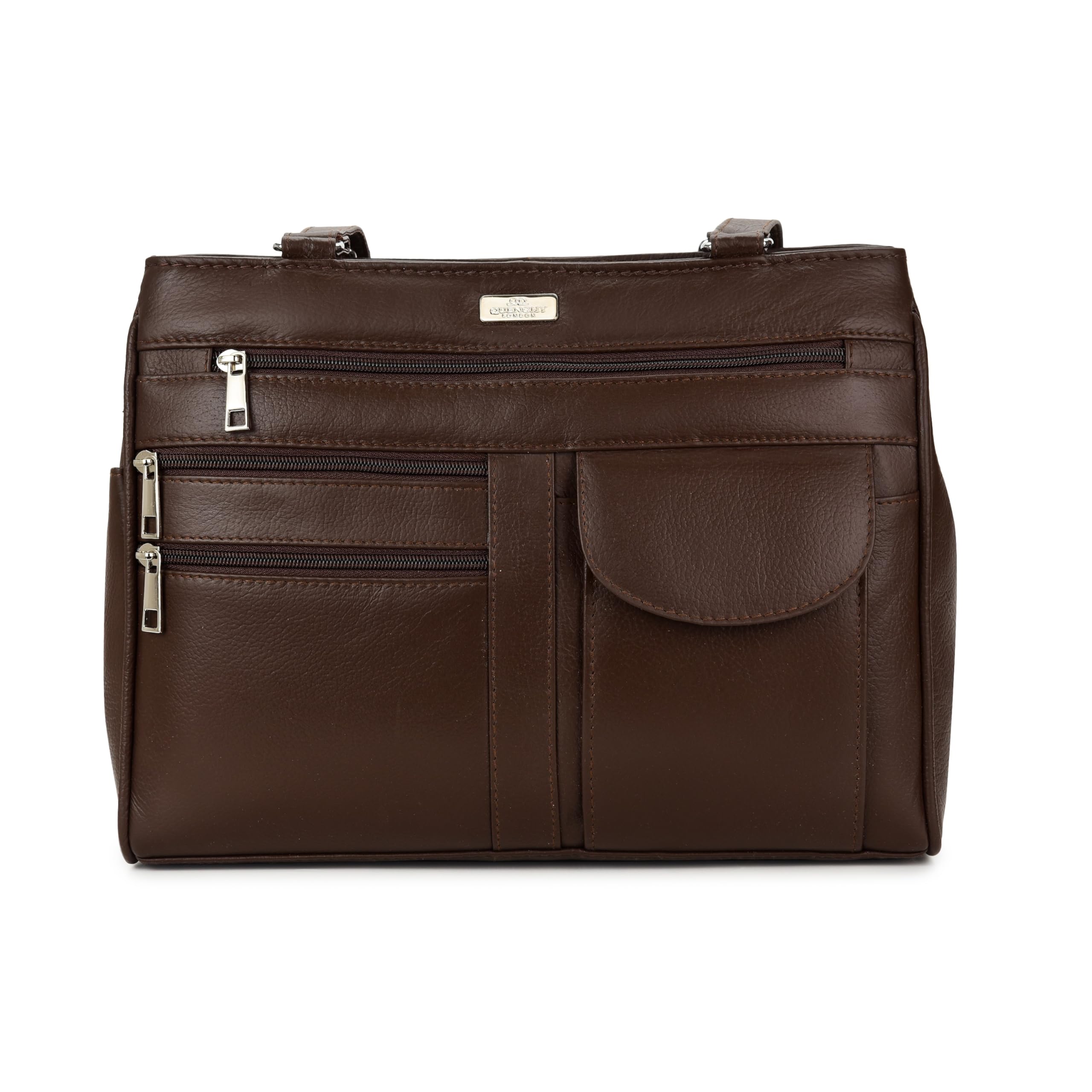 Quenchy London Ladies Real Leather Handbag - Womens Shoulder Hand Bag with 2 Top Handles, 8 Pockets, 2 Large Zipped Main Sections – Medium Practical Size - QL173B Brown Cow Hide