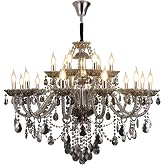 Afficat 18-Light Smoky Gray Crystal Chandelier for Living Room, Antique Teardrop Candle Chandelier Pendant Ceiling Lighting Fixture for Dinning Room Staircase Lobby Foyer (Smoke Gray 18 Lights)