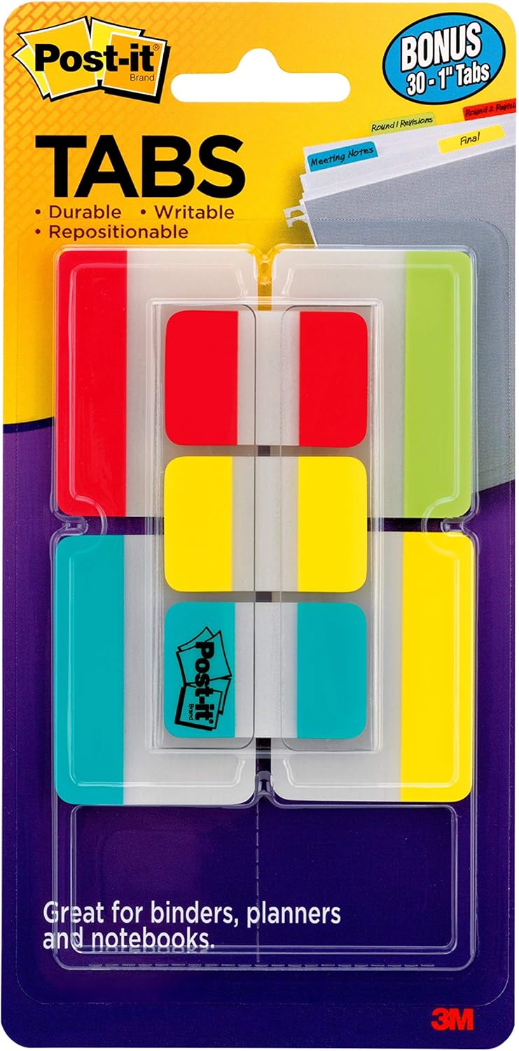 Post-it Tabs Value Pack, Assorted Primary Colors, Durable, Writable, Repositionable, Sticks Securely, Removes Cleanly, 1 in. and 2 in. Sizes, 114 Tabs/Pack, (686-VAD2) : Tape Flags : Office Products