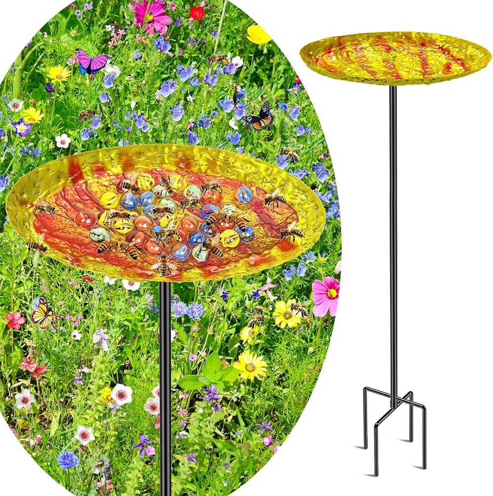 MeyRolizn Bee Butterfly Water Station Metal Puddler Stone Texture Garden Stake