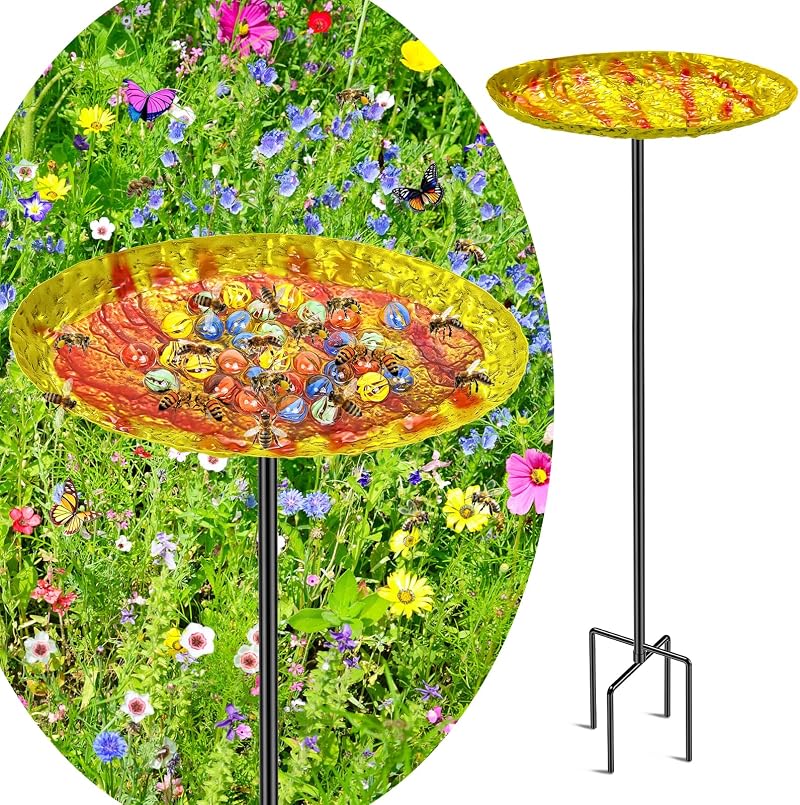 MeyRolizn Bee Butterfly Water Station Metal Puddler Stone Texture Garden Stake