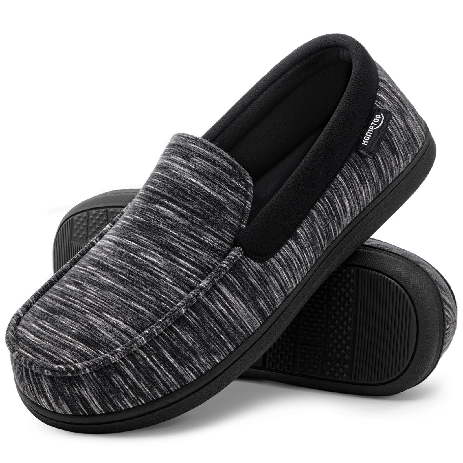 HomeTop Men's Knit Moccasin Slippers Memory Foam House Shoes for Indoor Outdoor Cosmic Black, 12 US Image