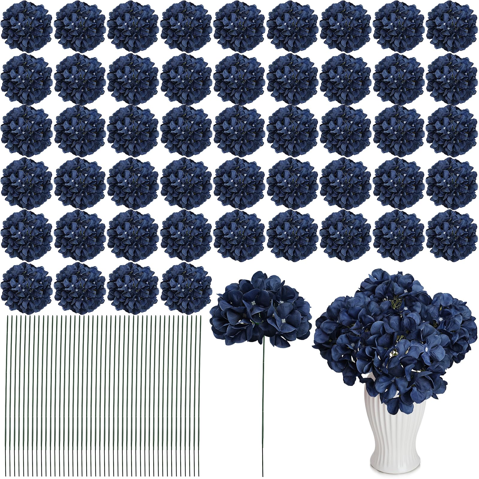 Photo 1 of Nagobi 104 Pcs Hydrangea Artificial Flowers, Navy Blue Faux Hydrangea Flowers with Stems for Wedding Arch, Fake Silk Hydrangeas for Table Centerpieces Baby Shower Home Party Decoration