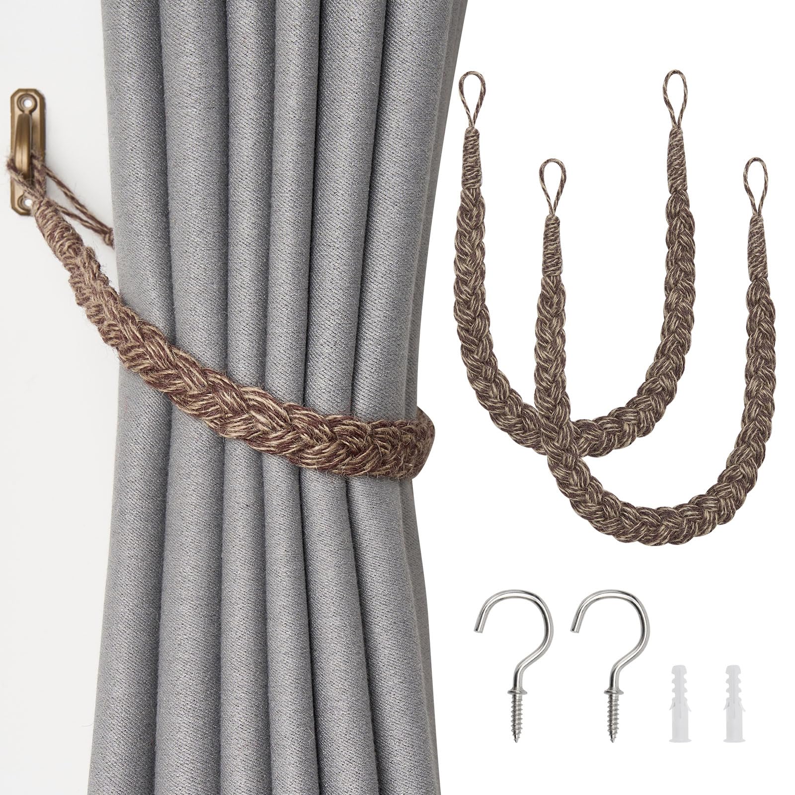 Pretty Jolly 2 Pack Natural Jute Rope Curtain Tiebacks Boho Rustic Style Decorative Drape Tie Backs Elegant Hand-Woven Rope Curtain Holdbacks with Metal Hook for Home & Office Drapery (Jute-Coffee)