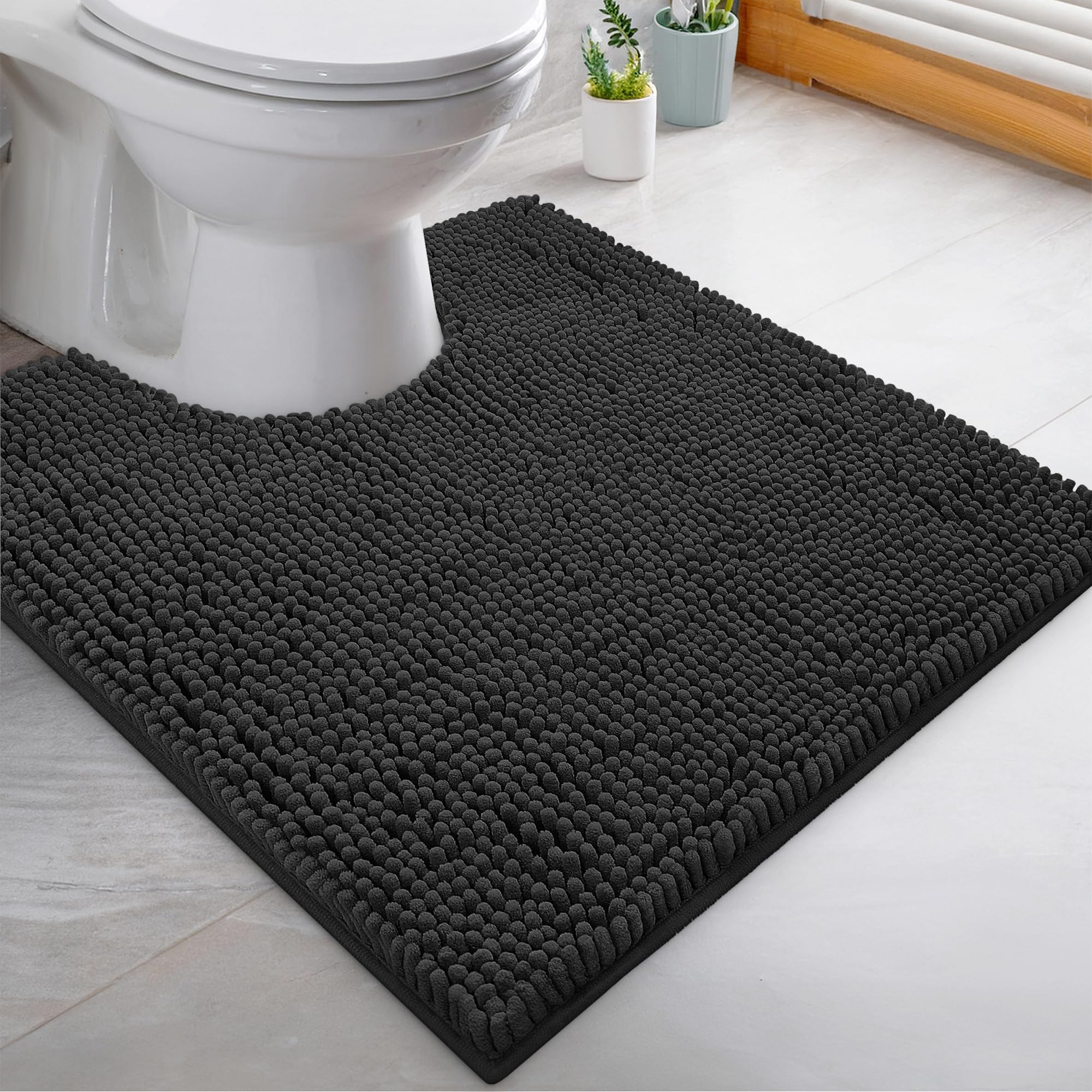 LuxUrux Bath Mat-Extra-Soft Plush Bath Shower Bathroom Rug,1'' Chenille Microfiber Material, Super Absorbent Shaggy Bath Rug. Machine Wash & Dry (Black, U Shaped 50 x 50 cm)