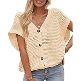 Fisoew Women's Short Sleeve Crochet Sweater Tops Summer Button Down V Neck Casual Knit Hollow Out Loose Beach Cover Ups
