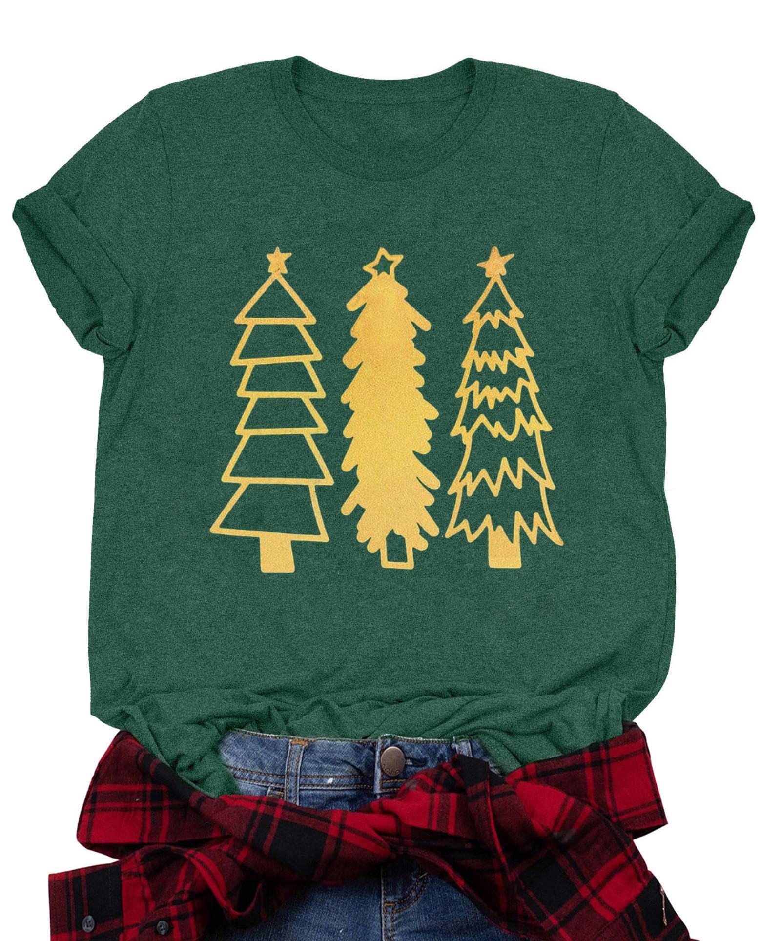 Photo 1 of Christmas Tree Shirts for Women Funny Merry Christmas Printed Graphic Tees Tops Casual Short Sleeve Xmas Gift T-Shirt (A1 Green3, S)