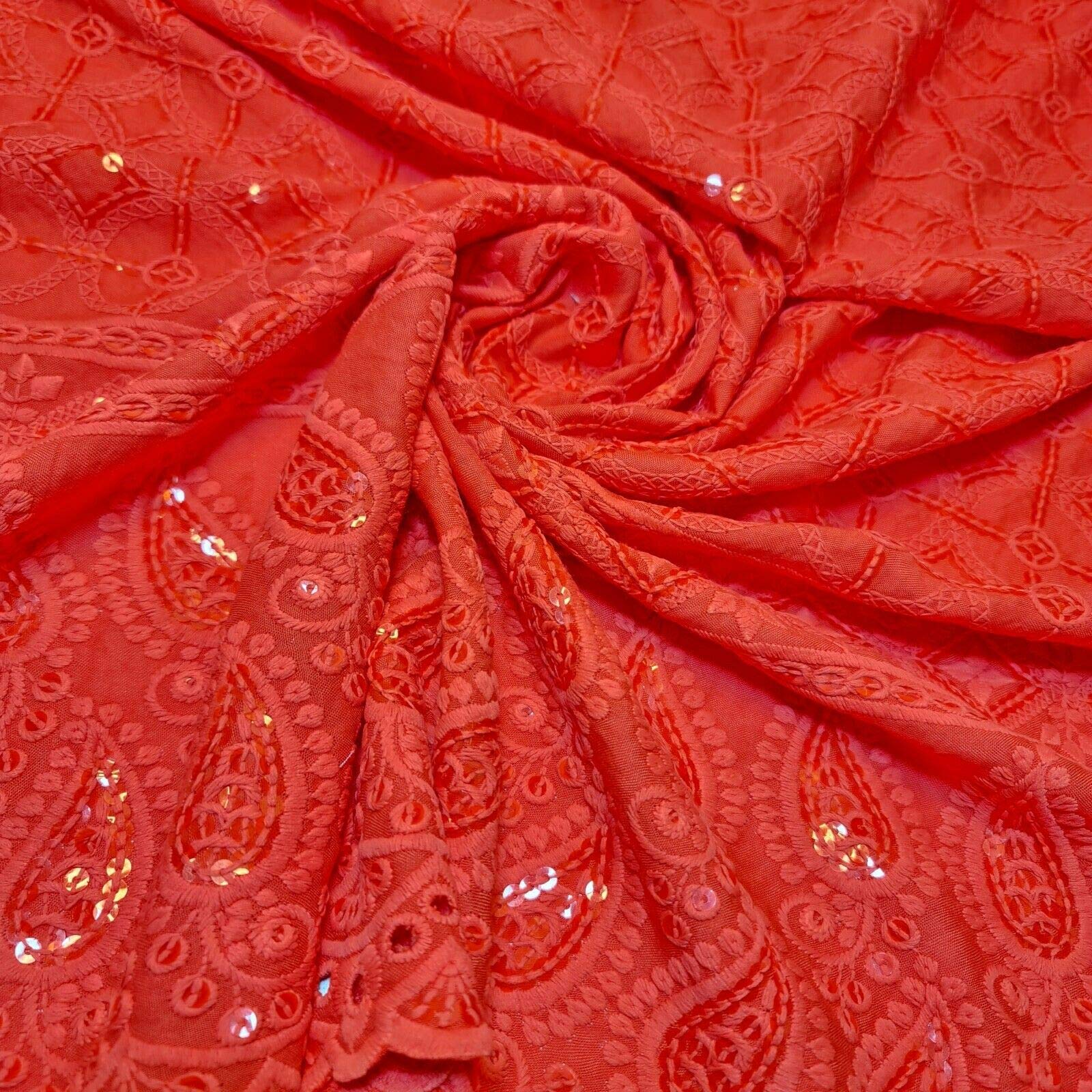 New Spring Soft Poly Cotton Broderie Anglaise Sequin Anglias Hole Border Craft Dress Fabric 44" - 112 cm Wide Sold As Pre - Cut Lengths (1 Meter, Coral)