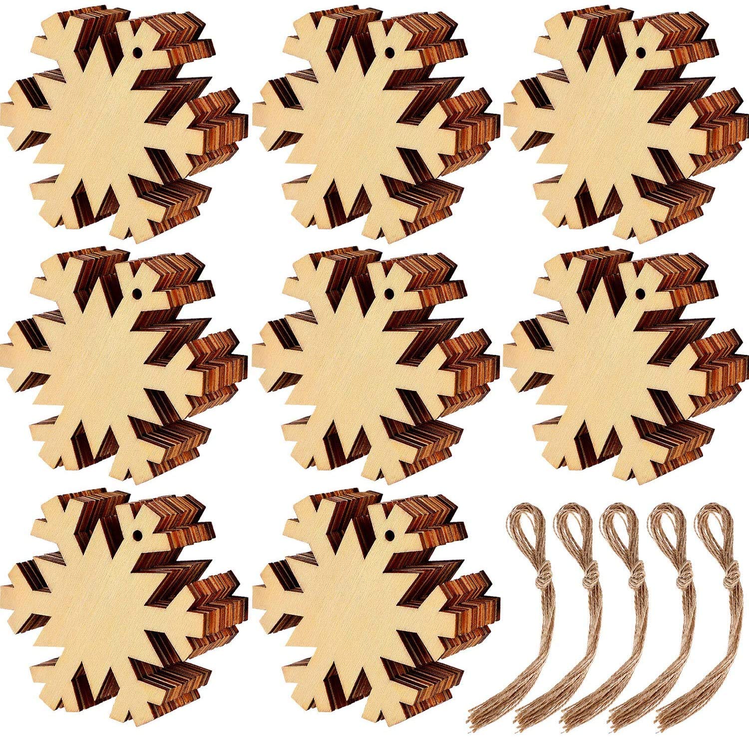 KAHEIGN 60Pcs Wooden Christmas Ornaments, Snowflake Shape Wood Slice Ornaments for New Year Christmas Tree DIY Pendant Decoration - with 60Pcs Hanging Cords