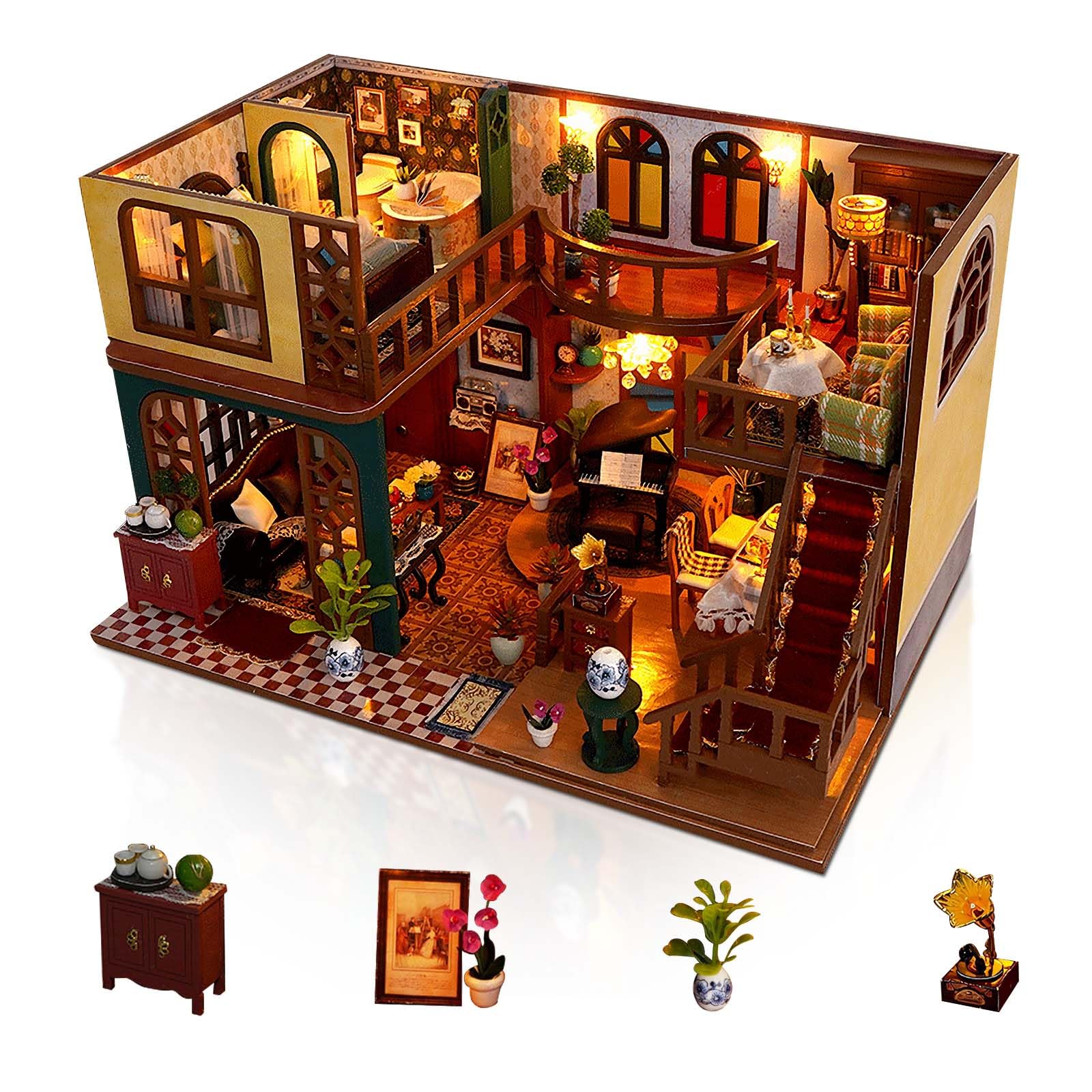 Foyucool DIY Miniature House Kits, Tiny House Kit, Doll House Kits for Adults to Building, Unique Gift for Birthday Father's Day, Retro Loft