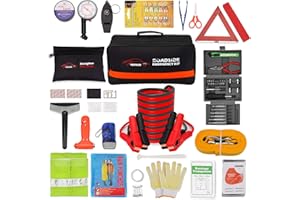 Vetoos Roadside Emergency Car Kit with Jumper Cables, Auto Vehicle Safety Road Side Assistance Kit Essentials, Winter Car Kit for Women and Men, with Mini Car Tool Set, Dial Tire Pressure Gauge