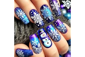 LOPMNGHT Cute Snowman Press on Nails Medium Square Artificial Acrylic Fake Nails Gradient Snowflake Stick on Nail Christmas Full Cover Reusable Coffin Winter Artificial Fingernails for Women Manicure 24Pcs