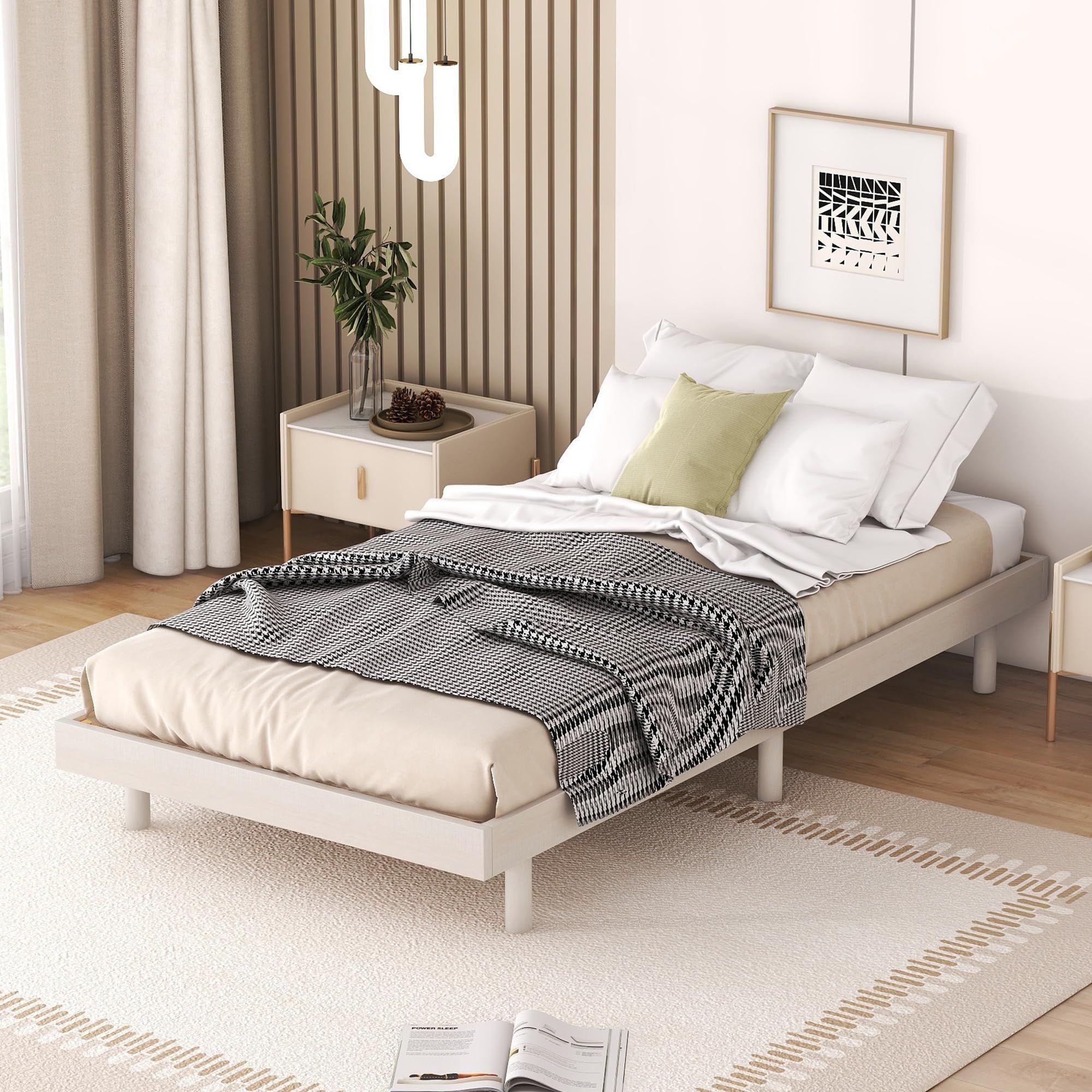 Photo 1 of Dolonm Twin Size Floating Bed Frame, Modern Low Profile Platform Bed Frame, Floating Design Bed Slats Support, Noise Free, No Box Spring Needed, Easy Assembly, White Washed