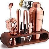 Mixology & Craft Cocktail Shaker Set with Dark Bamboo Stand - Professional 10-Piece Bartender Kit - Complete Bar Set & Cocktail Mixer Kit for Home (Copper)