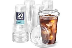 Fit Meal Prep 50 Pack 20 oz Clear Plastic Cups with Strawless Sip Lids, Disposable Plastic Coffee Cups with Lids, To Go Cups 