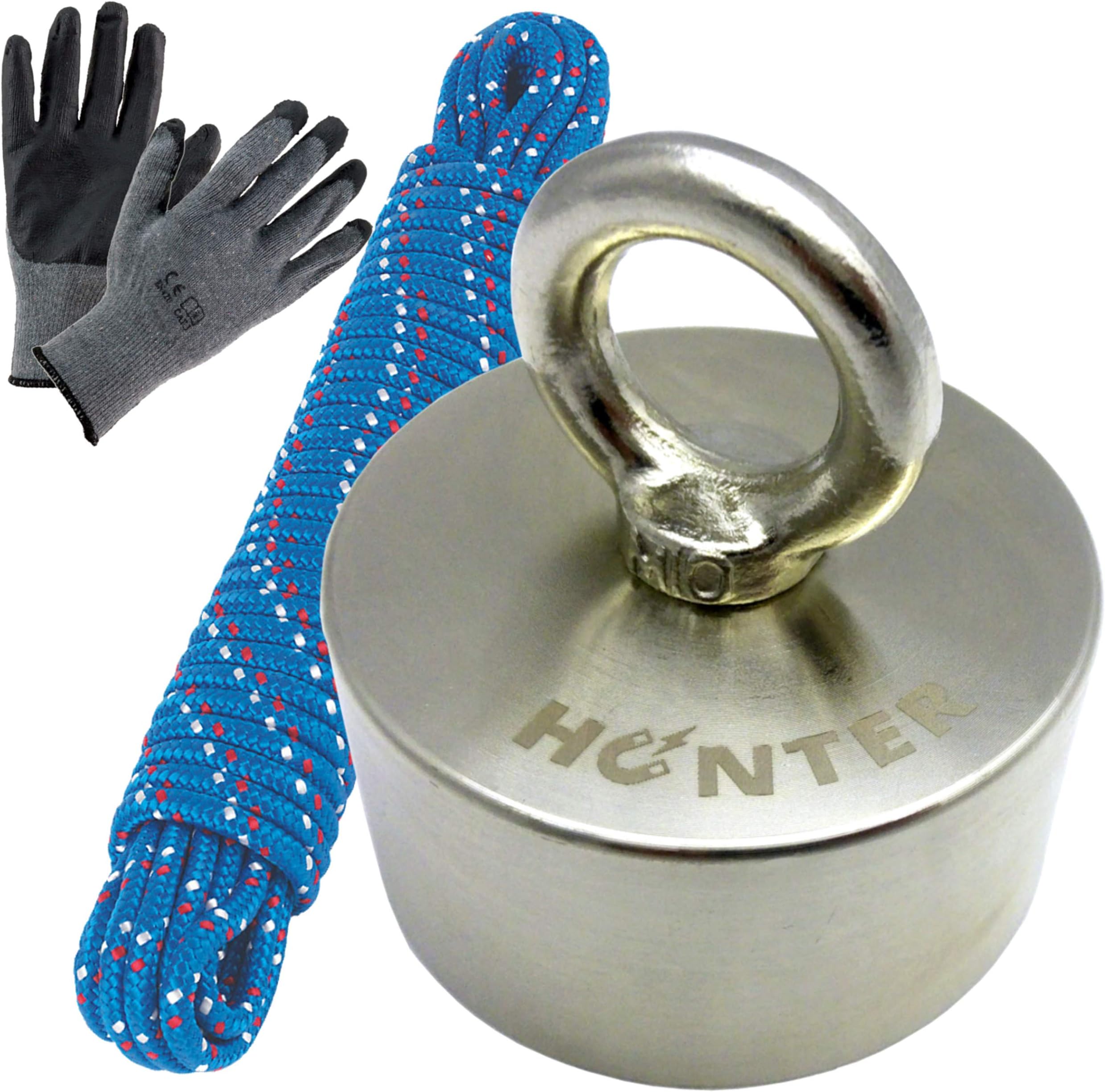 Hunter. Powerful Neodymium Fishing Magnet with Eyebolt, N52 Pulling Force 250kg Diameter 70mm Thick 35mm Set with Rope 25m Long and Gloves, Treasure Hunting Pot Recovery Magnets