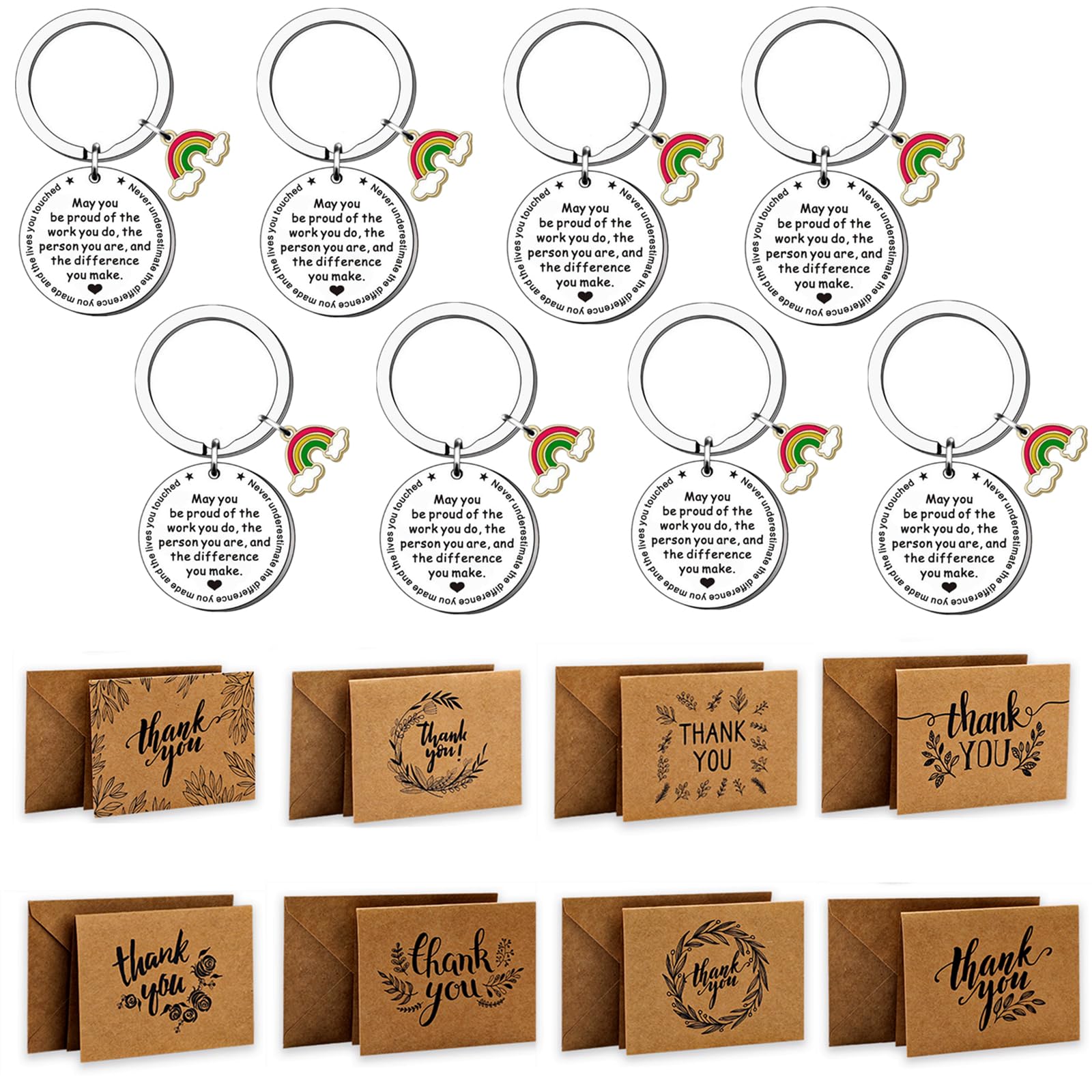 Thank You Card with Keyring, 8 Pack Thank You Gift for Teacher, Leaving Presents for Colleagues, Thank You Card with Envelopes and Stainless Rainbow Keychains for Teacher Nursery Thanksgiving