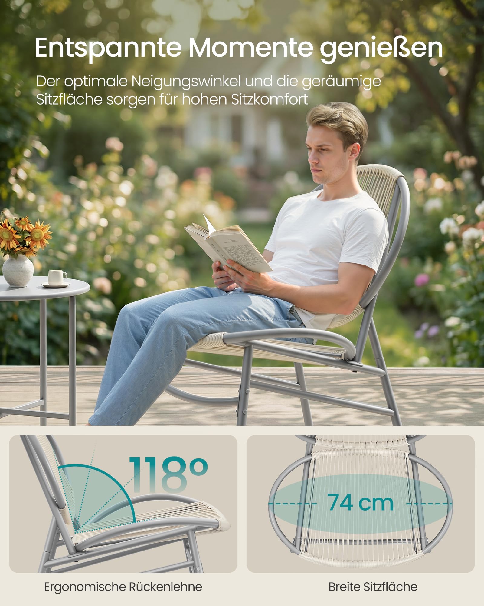 SONGMICS Balkonmöbel, 3er Set, Gartenmöbel-Set, aus PE-Polyrattan, Outdoor, mit Tisch, 2 Stühlen, für Terrasse, Garten, Balkon, Taubengrau GGF021GZ01 3