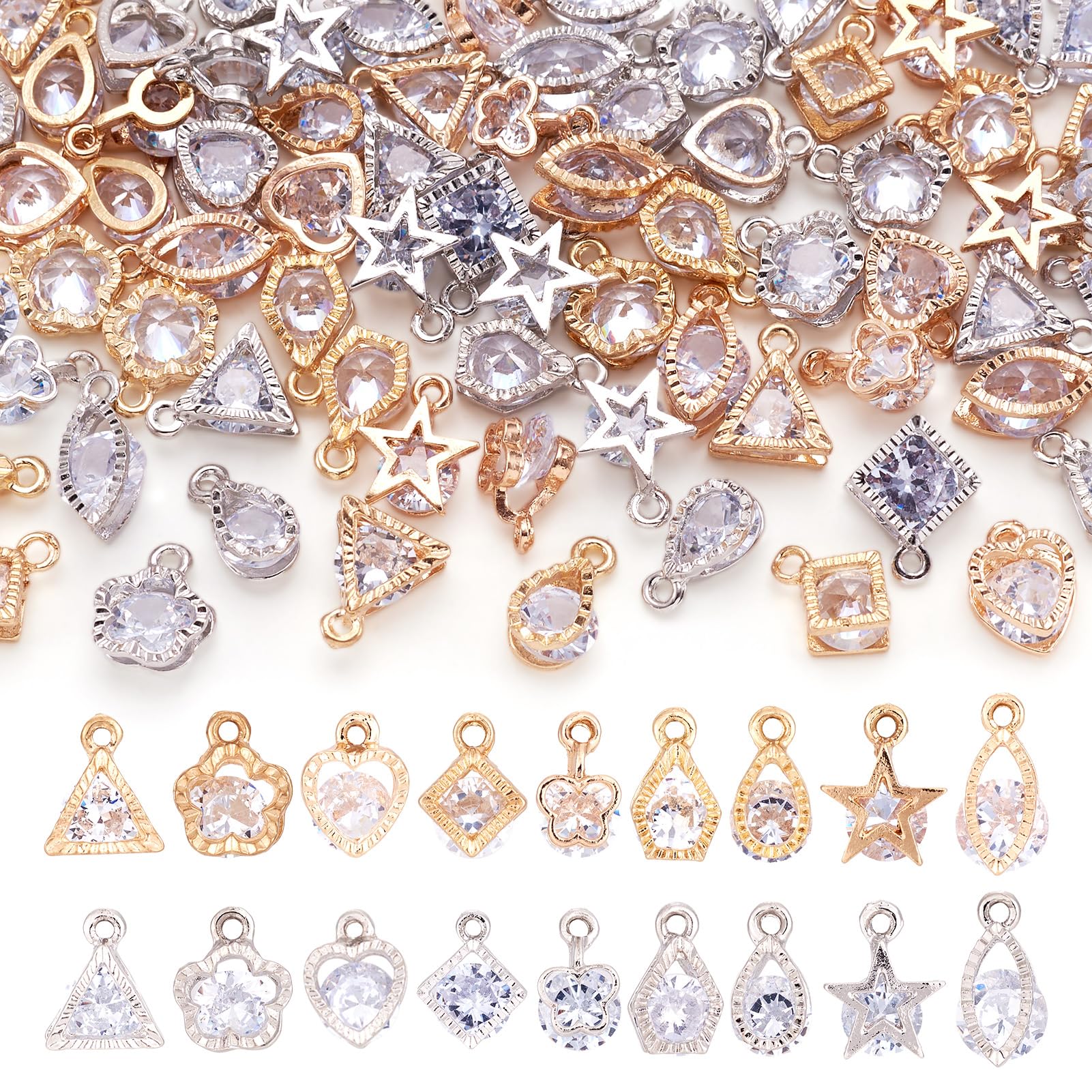 Beadthoven 1 Box 80Pcs 10 Styles Cubic Zirconia Alloy Rhinestone Charms Pendants for Necklace Bracelet Earring Jewelry Making Light Gold & Platinum