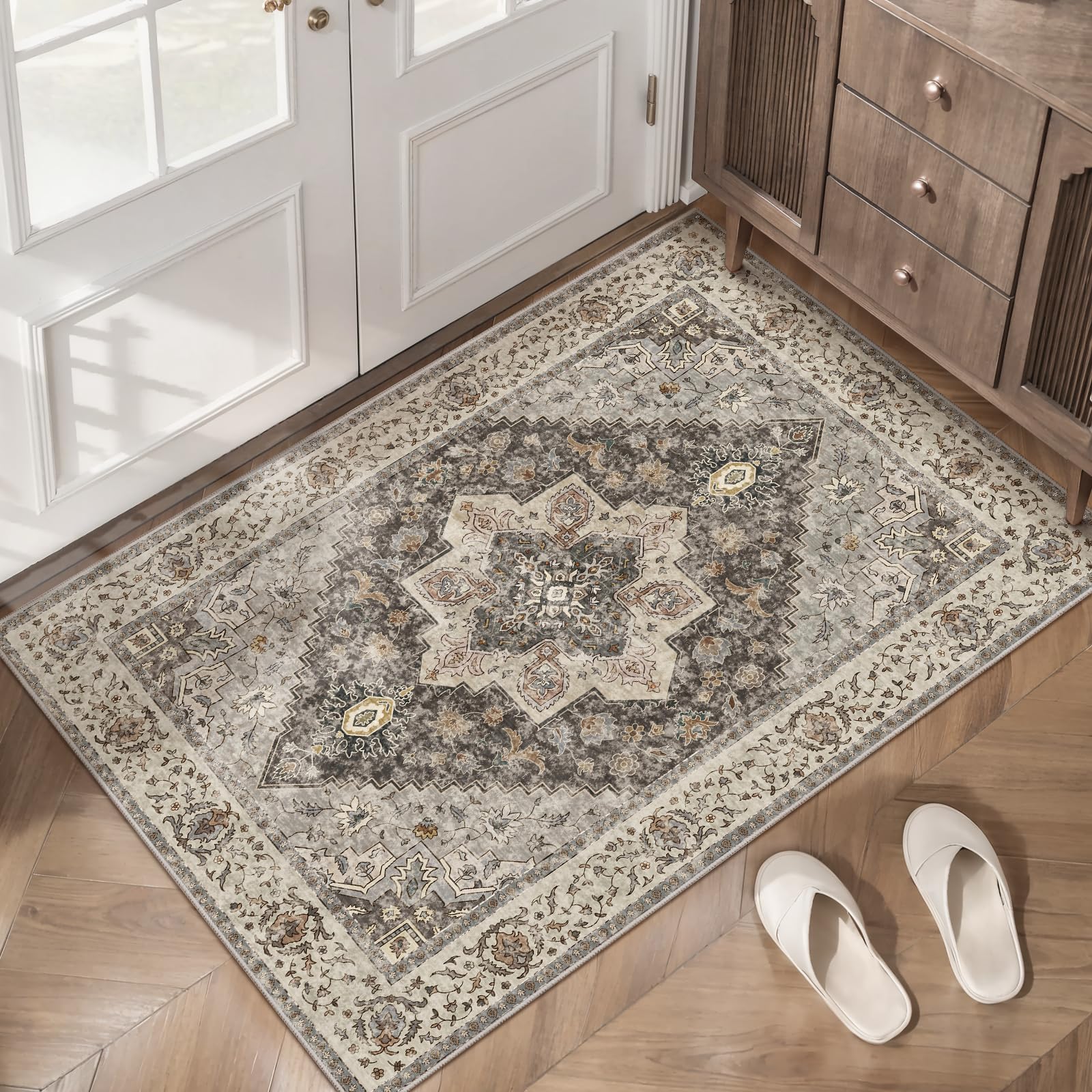 Photo 1 of Tangsoo Vintage 2x3 Washable Rug for Entryway, Non Slip Small Indoor Front Door Rug, Print Distressed Grey/Brown Door Mat Carpet, Soft Low Pile Rugs for Entrance Kitchen Bedroom Bathroom