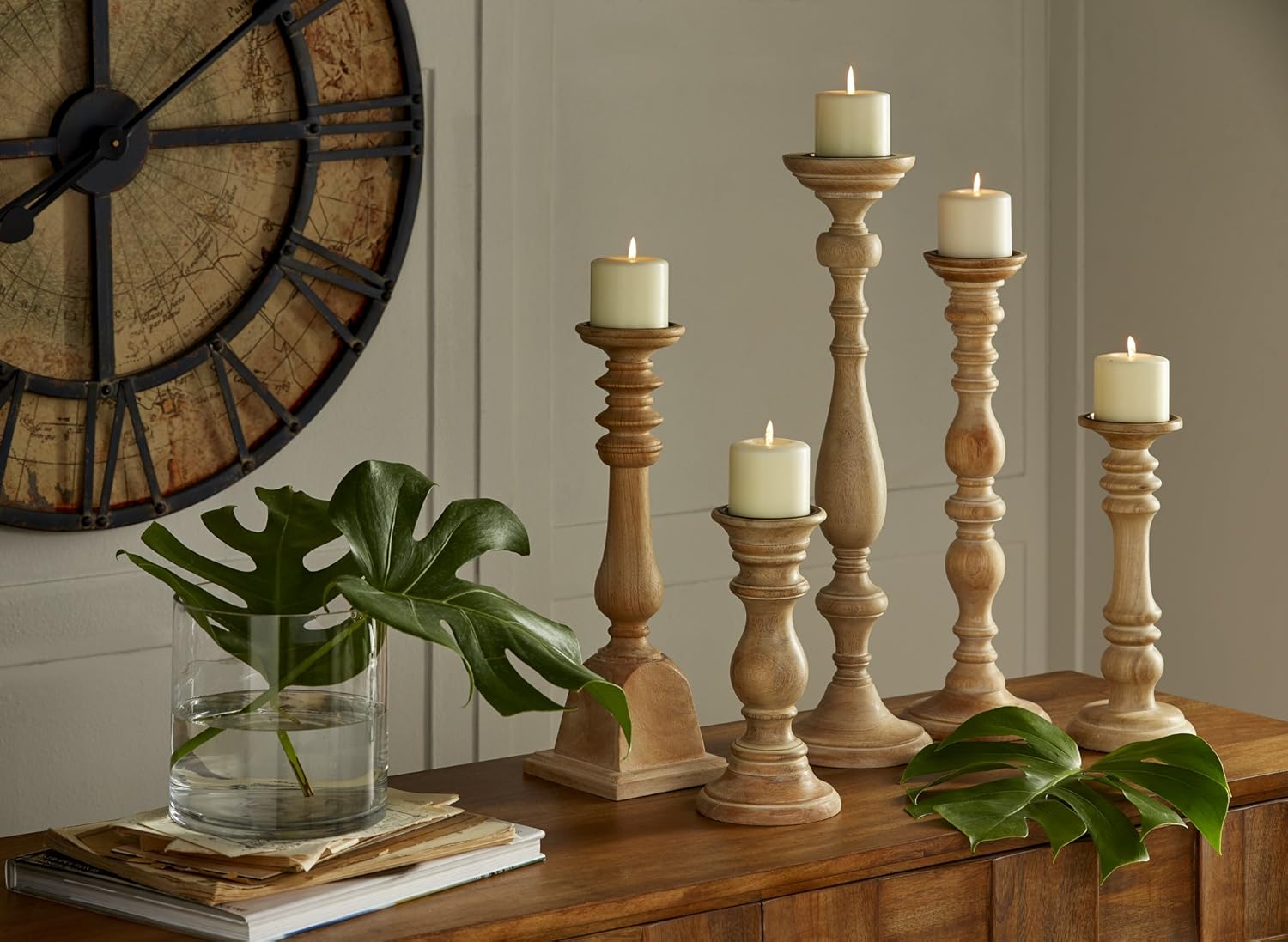 IMAX Mason Natural Wash Wood Candleholders - Set of 5 Vintage Candle Stands - Home Decor Accessory: Home & Kitchen