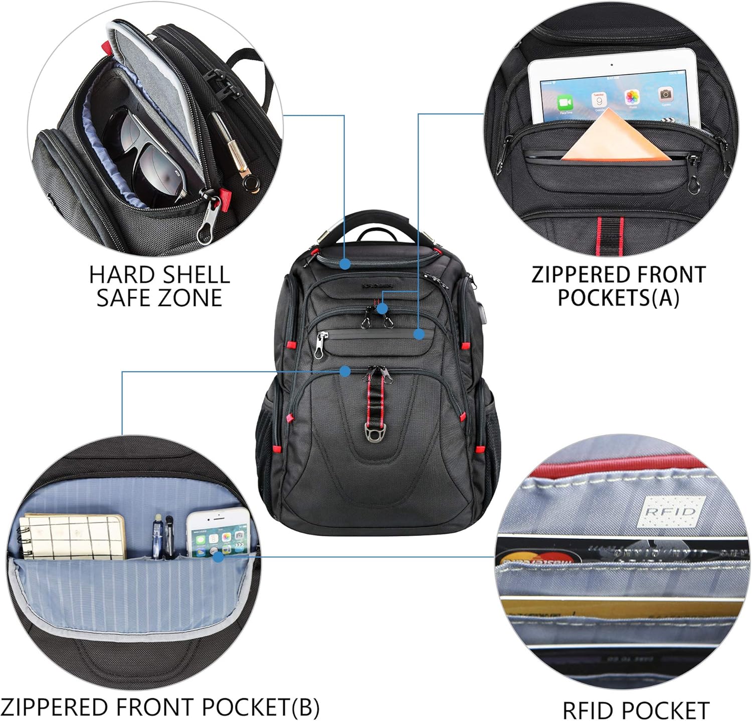 KROSER Travel Laptop Backpack 17.3 Inch XL Heavy Duty Computer Backpack Water-Repellent College Daypack Check Point Friendly Business Backpack with RFID Pockets & USB Port for Men/Women-Black: Computers & Accessories