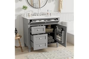 Linique 36" Bathroom Vanity with Sink Combo Set, Solid Wood Frame Modern Bathroom Storage Cabinet with 2 Drawers and a Tip-Out Drawer, Soft Closing Cabinet Door with Organizer, Grey