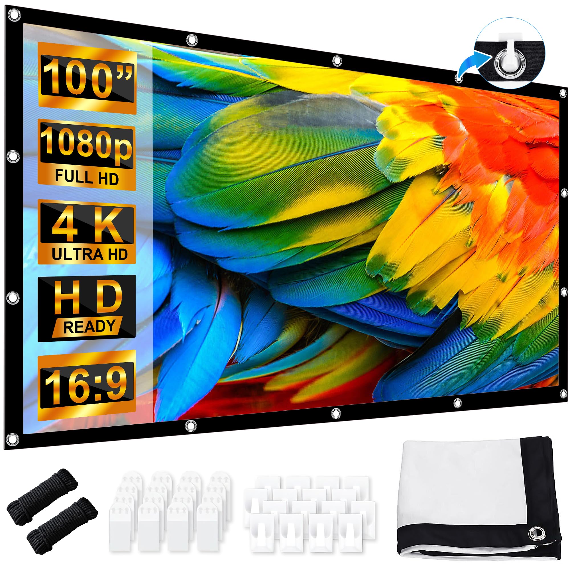 Photo 1 of 100 inch Projector Screen, LEORFI Foldable Anti-Crease Movie Screen, 1.1 Gain HD 4K Polyester Fabric, Portable Dual Sided Projection 16:9 for Home Theater Camping Backyard & Outdoor Use