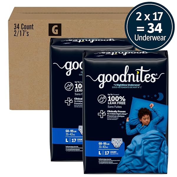 GOODNITES BOYS’ NIGHTTIME BEDWETTING UNDERWEAR, SIZE LARGE (68-95 LBS), 34 CT (2 PACKS OF 17), PACKAGING MAY VARY