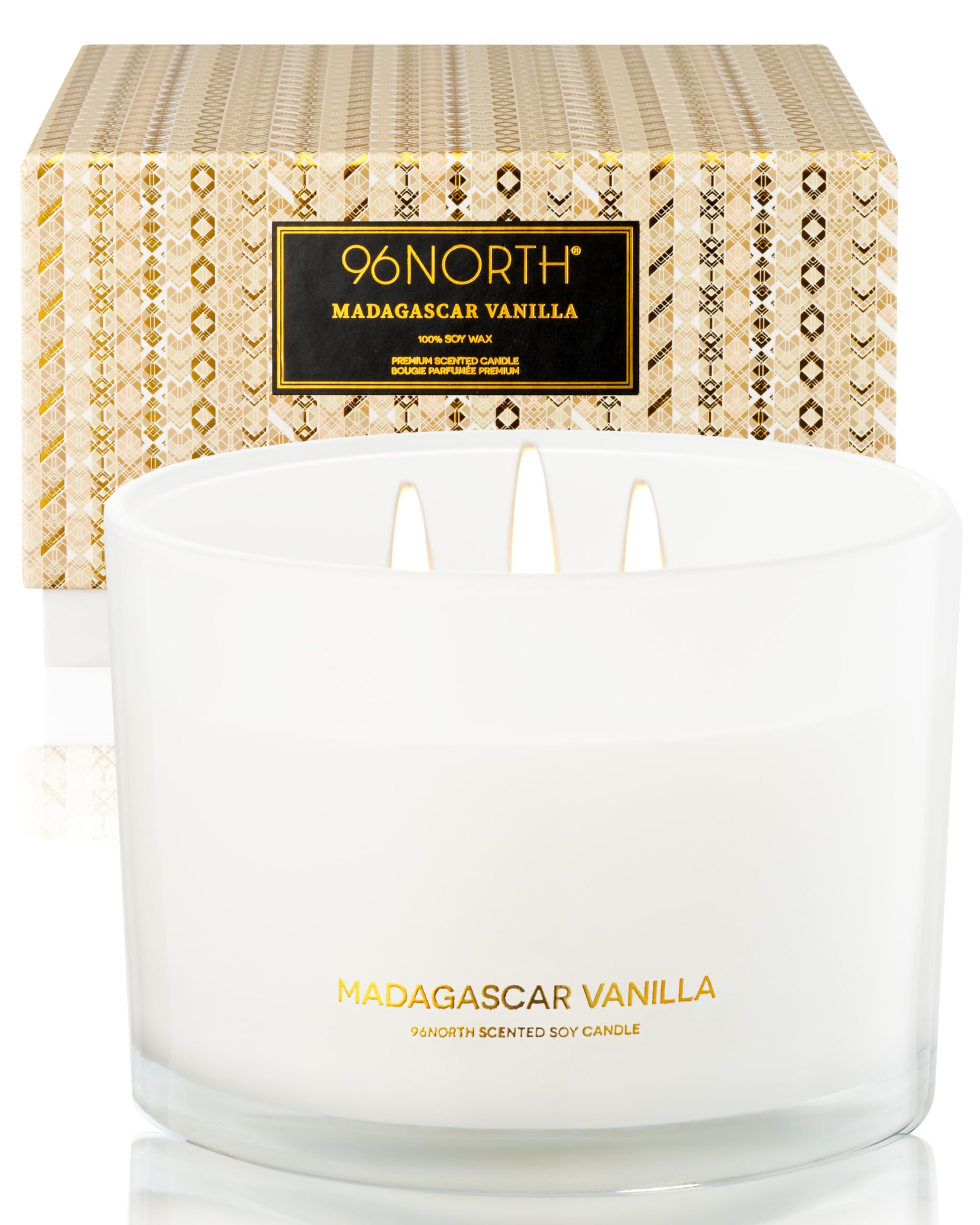 Photo 1 of 96NORTH Luxury Vanilla Soy Candles | Large 3 Wick Jar Candle | Up to 50 Hours Burning Time | 100% Natural Soy Wax | Relaxing Aromatherapy Aesthetic Candle | Housewarming Gift for Men and Women