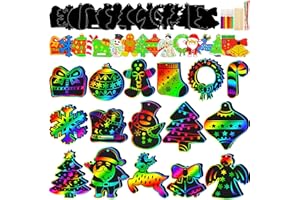 Natonhi 96pcs Christmas Crafts for Kids, Christmas Party Favors Magic Rainbow Scratch Paper Ornament with Wooden Drawing Sticks, Lanyards for Kid Holiday Party Gifts, Classroom Activities