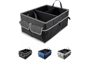 UYYE Auto Trunk Organizer,Compartments Collapsible Durable for Cargo Storage, Interior Accessories with Adjustable Securing Straps and Non-Slip Bottom for Car