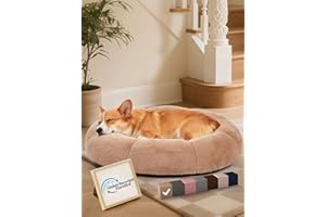 OhGeni 31 inches Calming Donut Orthopedic Dog & Cat Bed for Medium Pets, Warming Comfort Fluffy Short Pile Fur, Durable Waterproof Machine Washable Removable Cover, Cute Round Bed for Puppy, Camel
