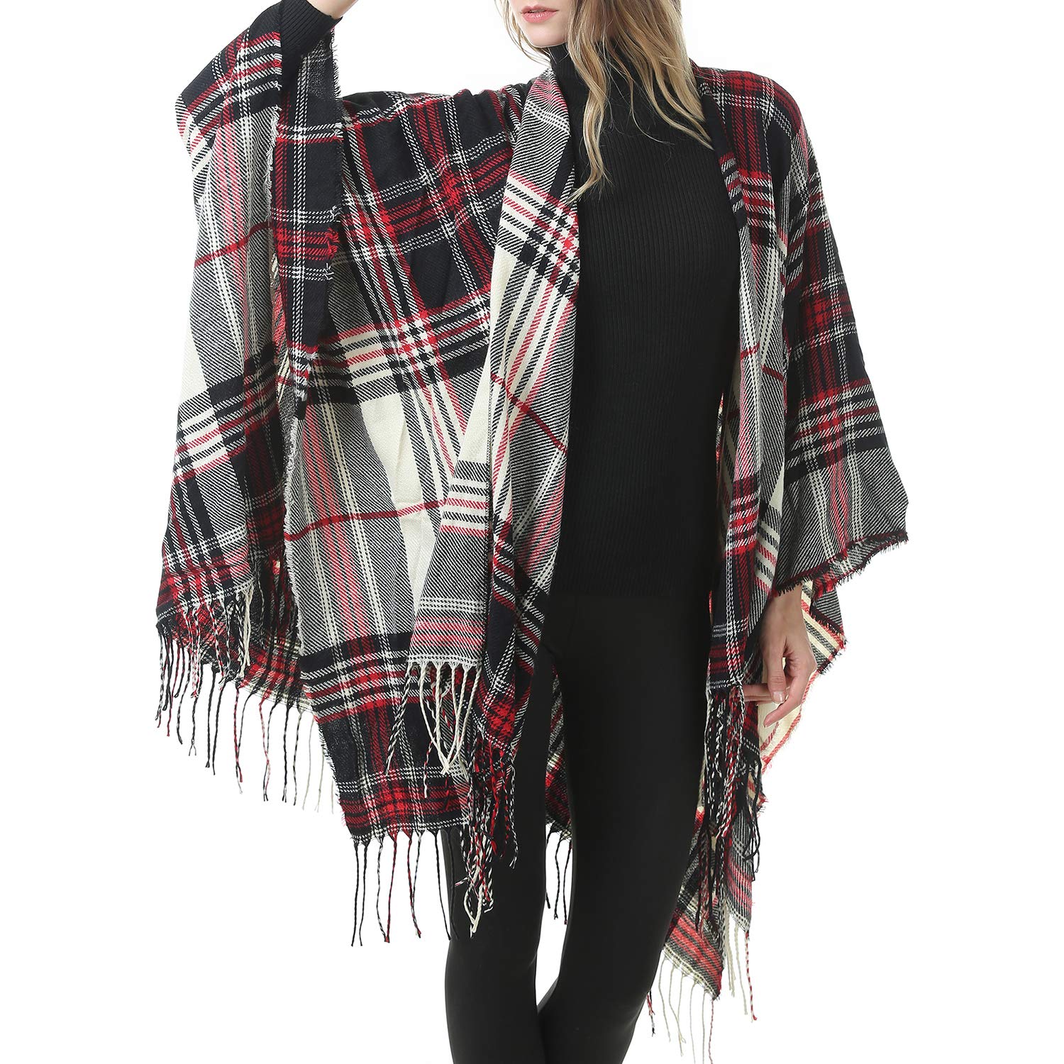 Zando Womens Tassel Plaid Shawls Printed Open Front Blanket Ponchos for ...