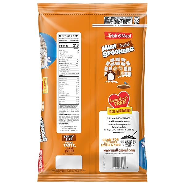 MALT-O-MEAL MINI FROSTED SPOONERS BREAKFAST CEREAL, SWEET FROSTED-WHEAT SQUARES, FAMILY BULK SIZE 27 OZ RESEALABLE BAG