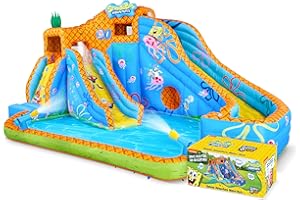 SUNNY & FUN Spongebob Deluxe Adventure Inflatable Water Slide Park - Heavy-Duty for Outdoor Fun - Climbing Wall, 2 Slides & Splash Pool - Inflate with Included Air Pump & Carrying Case