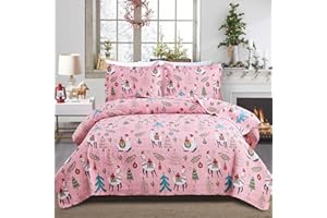 Smuge Kids Pink Christmas Alpaca Quilt Set Twin Size,Snowflake Tree Printed Bedding Set Holiday & Xmas Celebration Bedspread Comforter Cover Bedroom Decor