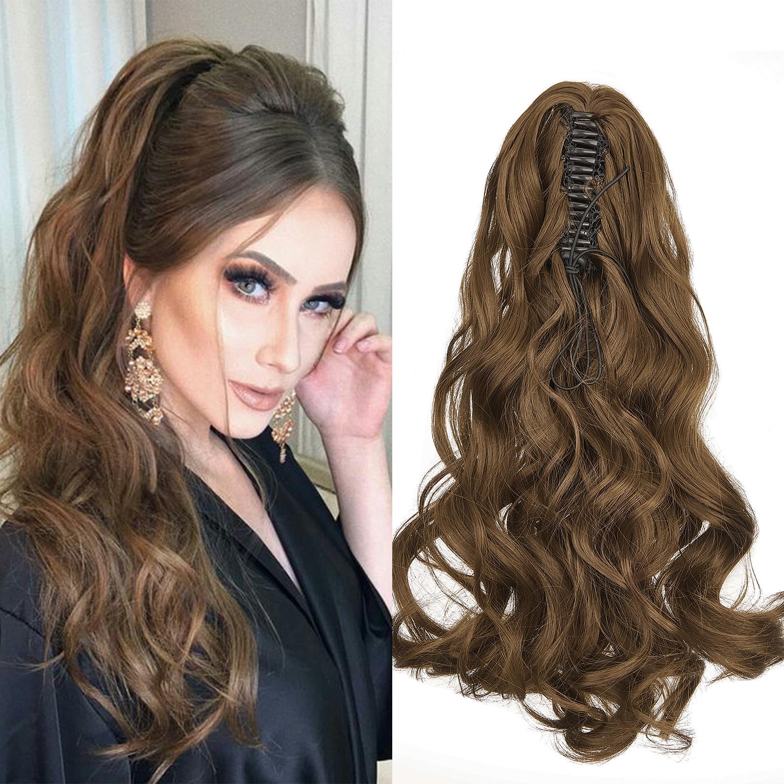 Cybelleza Ponytail Extension Curly Wavy Claw Jaw Pony Tail 18" One Piece Clip in Hair Extensions Ponytail Hairpiece Synthetic Long Natural for Women, Ash Brown