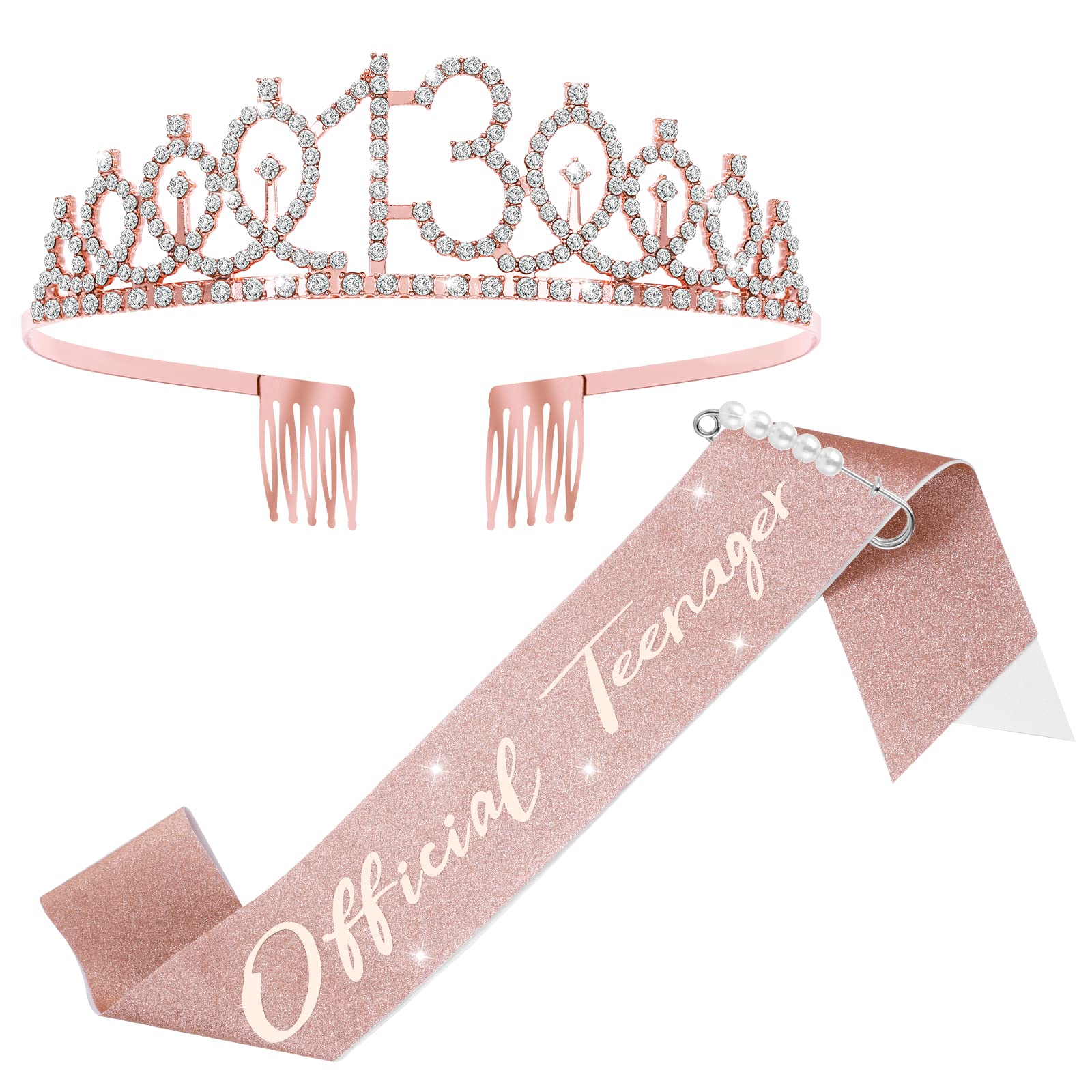 Abeillo 13th Birthday Sash and Crown for Girls, Rose Gold Birthday Crown 13 & 'Official Teenager' Decoration Satin Sash 13th Birthday Gifts for Happy 13th Birthday Party Favor Supplies